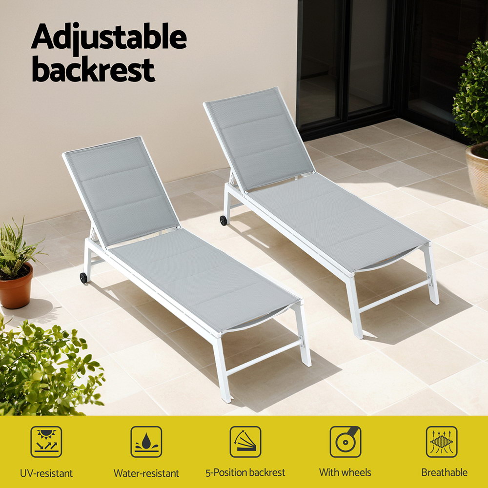 Gardeon Sun Lounger Aluminium Chaise Lounge Wheels White view 4