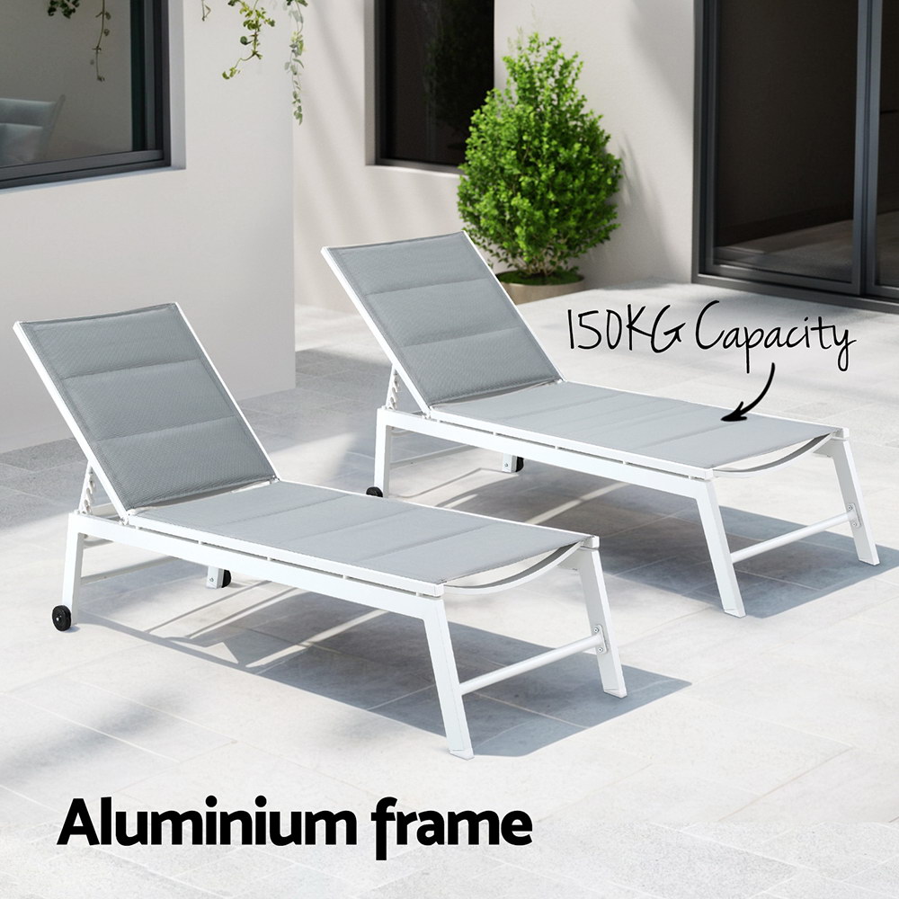Gardeon Sun Lounger Aluminium Chaise Lounge Wheels White view 5