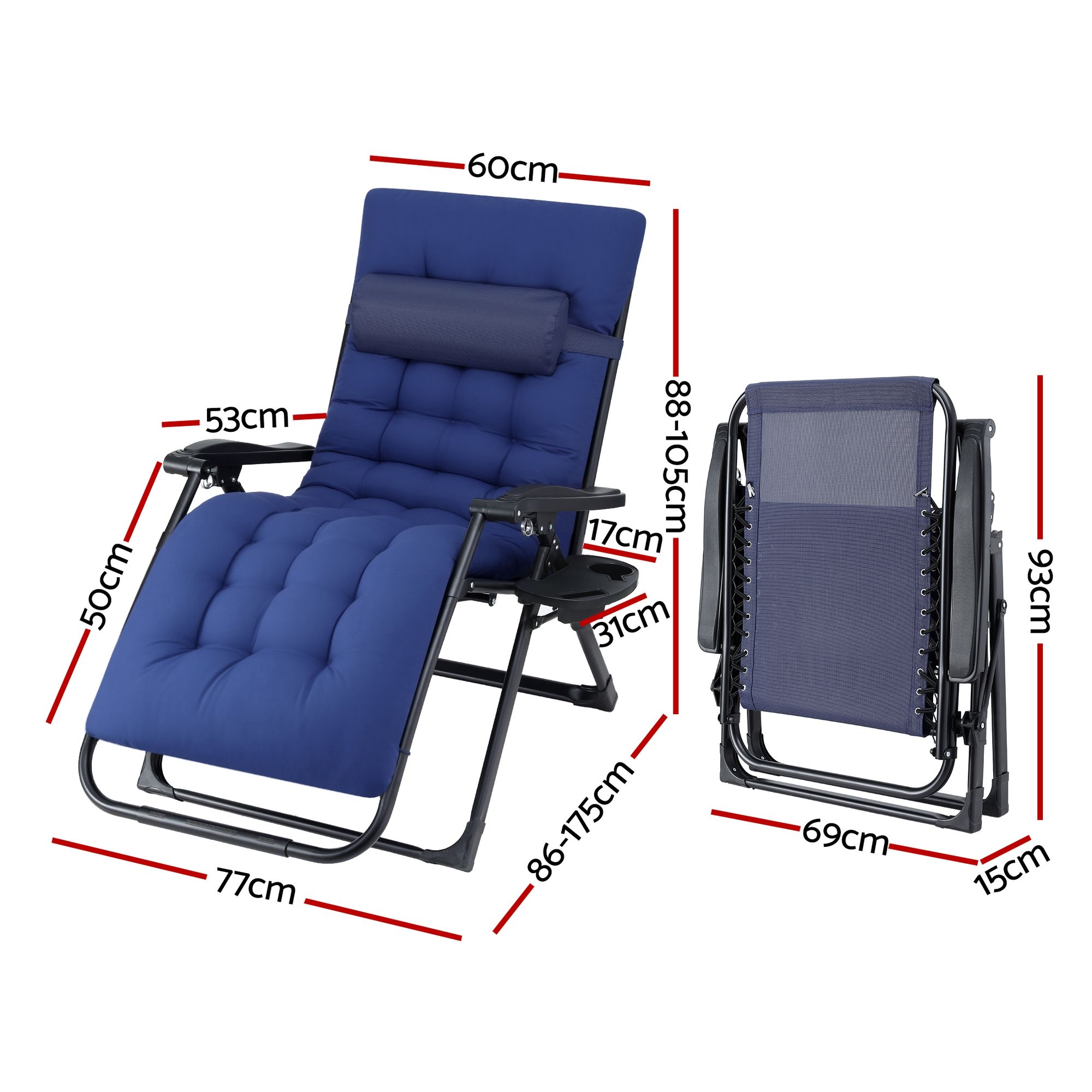 Gardeon Sun Lounge XL Folding Zero Gravity Chair Blue view 2