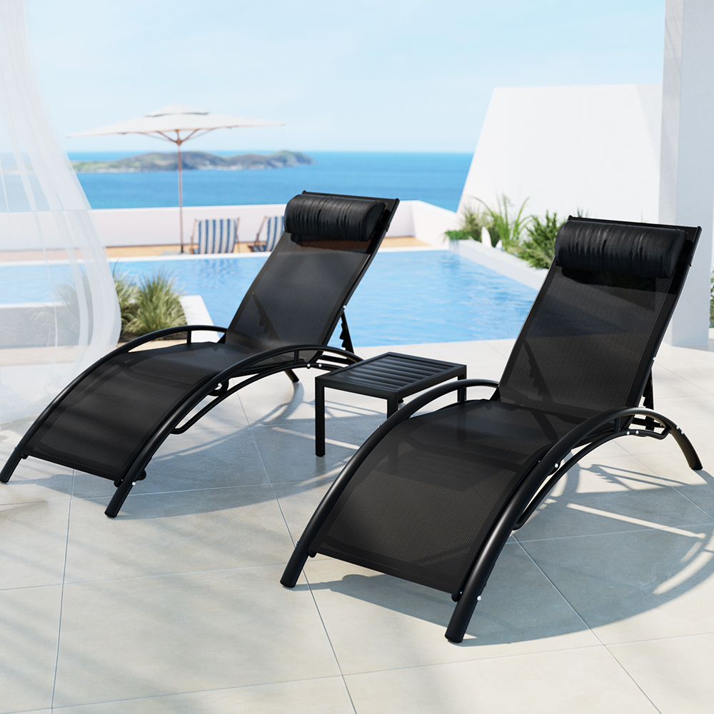 Gardeon 3PC Steel Sun Lounge Set Adjustable Black