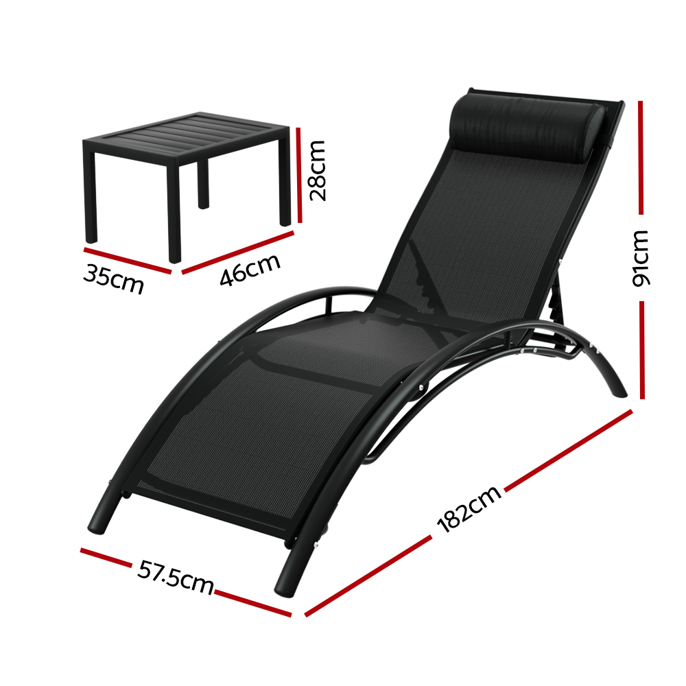 Gardeon 3PC Steel Sun Lounge Set Adjustable Black view 2