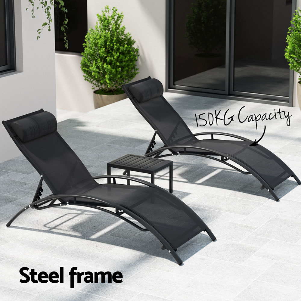 Gardeon 3PC Steel Sun Lounge Set Adjustable Black view 5