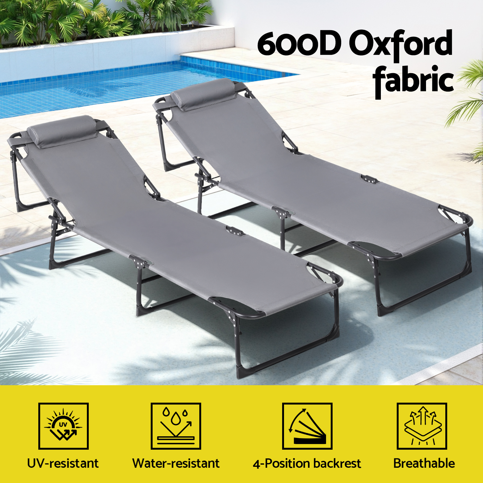 Gardeon Sun Lounger Folding Beach Cot Steel Frame Pillow view 4