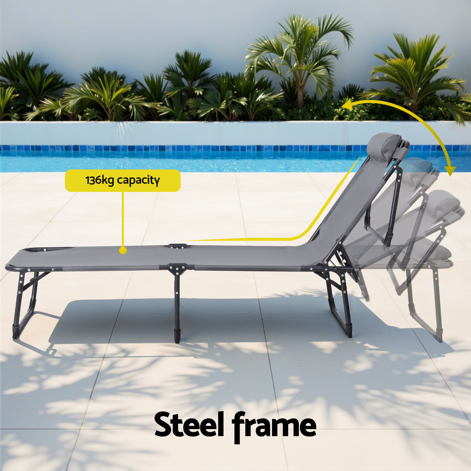 Gardeon Sun Lounger Folding Beach Cot Steel Frame Pillow view 5