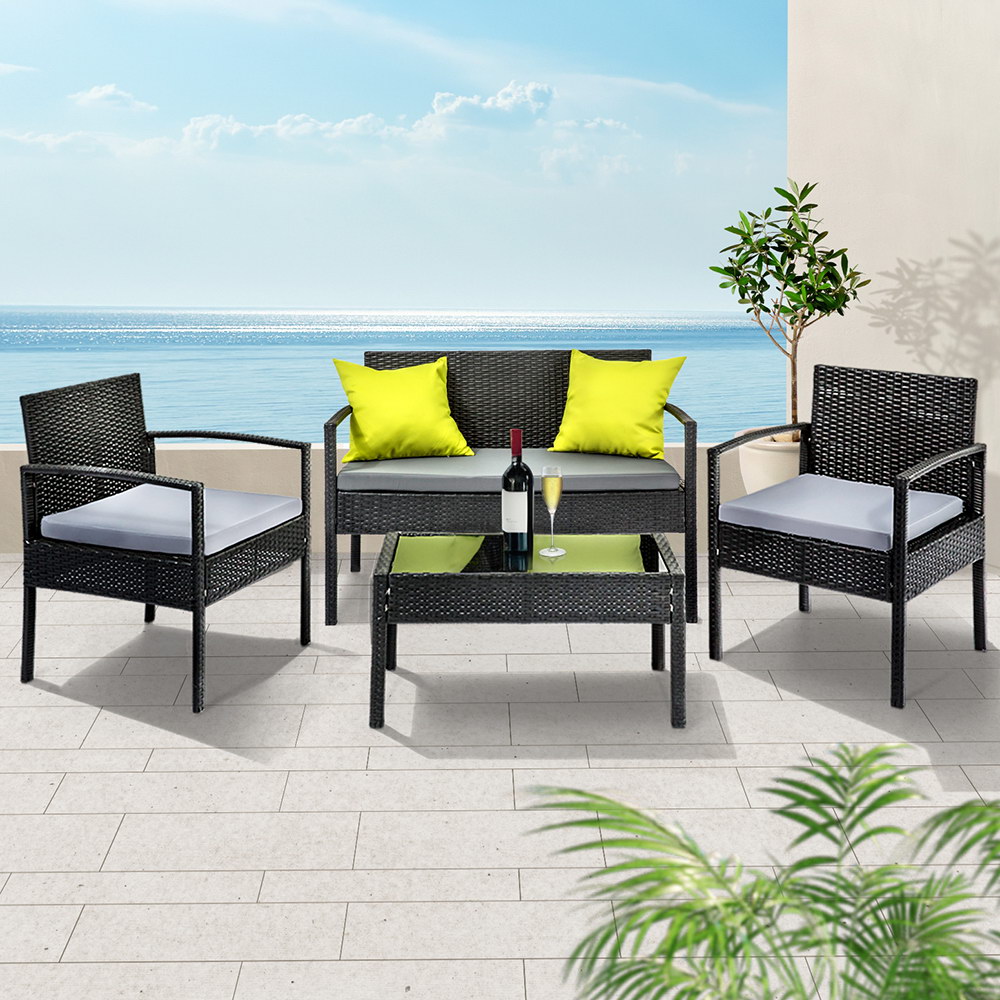 Gardeon Aluminium Wicker Sofa Set Glass Table