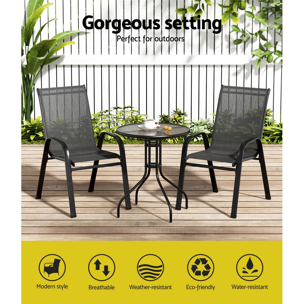 Gardeon 3PC Stackable Bistro Set Table and Chairs Black view 4