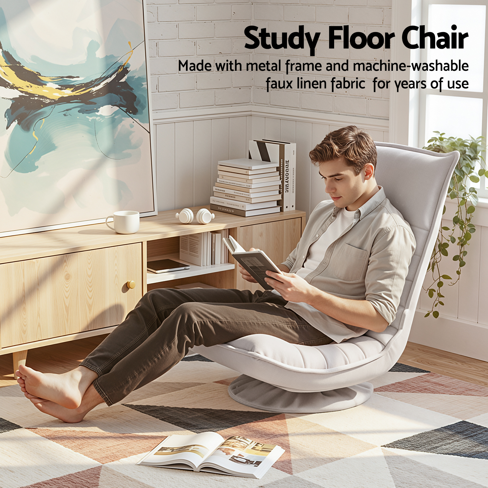 Artiss Adjustable Swivel Floor Chair Beige Grey view 4