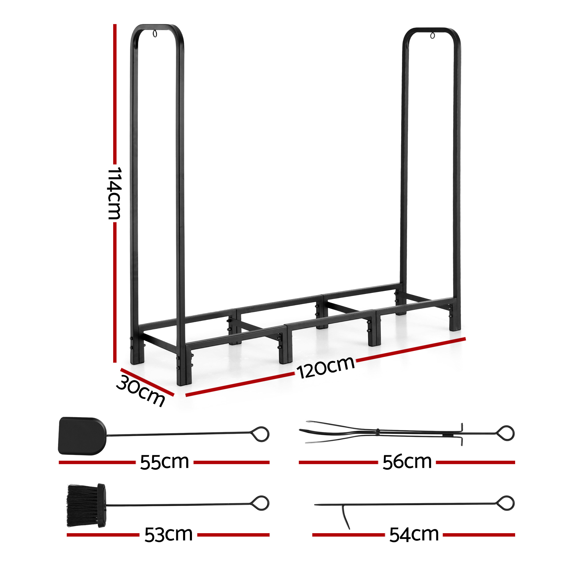 Gardeon 120cm Firewood Rack with Fireplace Tools Black view 2
