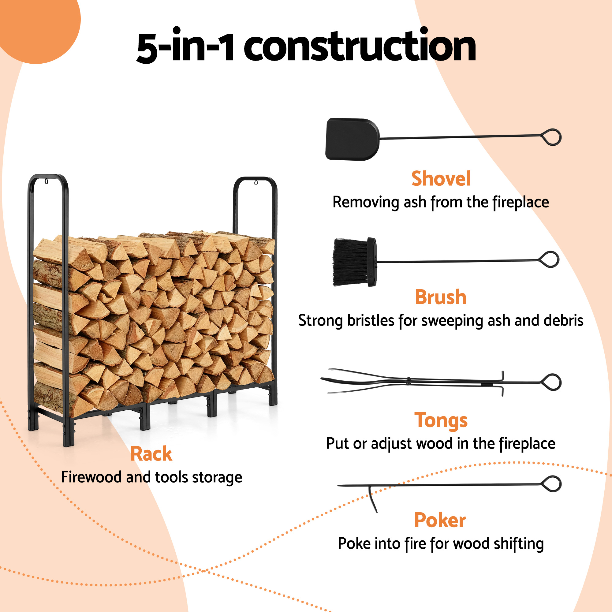Gardeon 120cm Firewood Rack with Fireplace Tools Black view 4