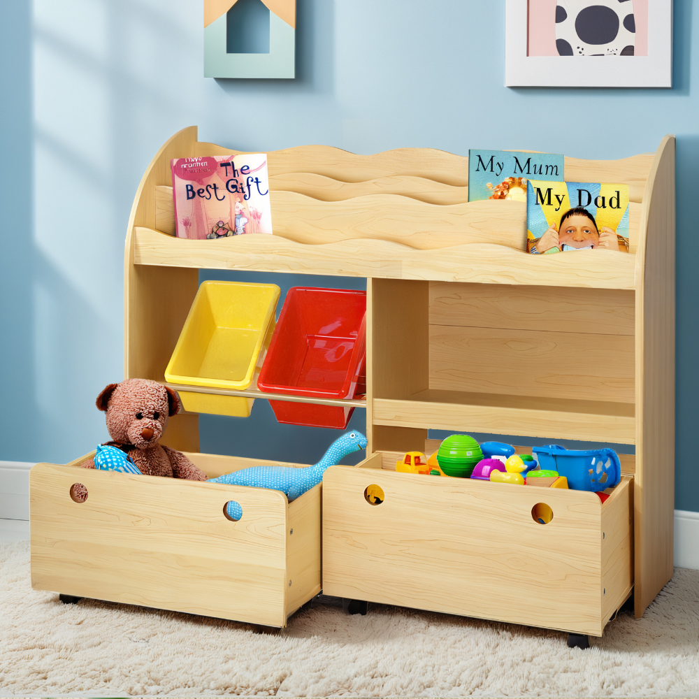 Keezi 3-Tier Kids Bookshelf with Toy Storage Boxes