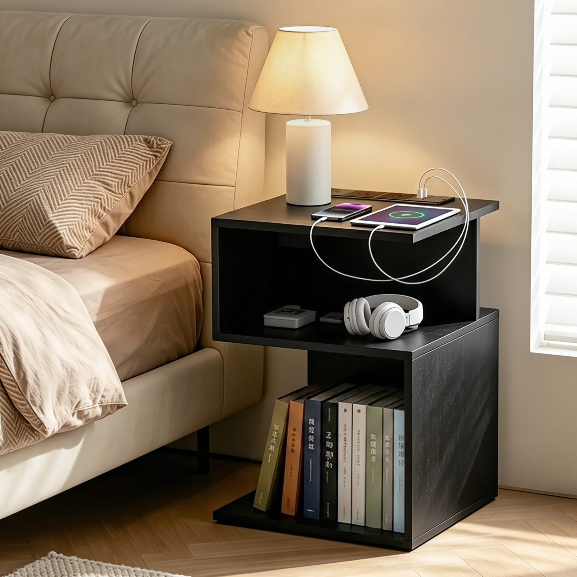 Artiss S-Shaped Bedside Table with Charging Station, Black