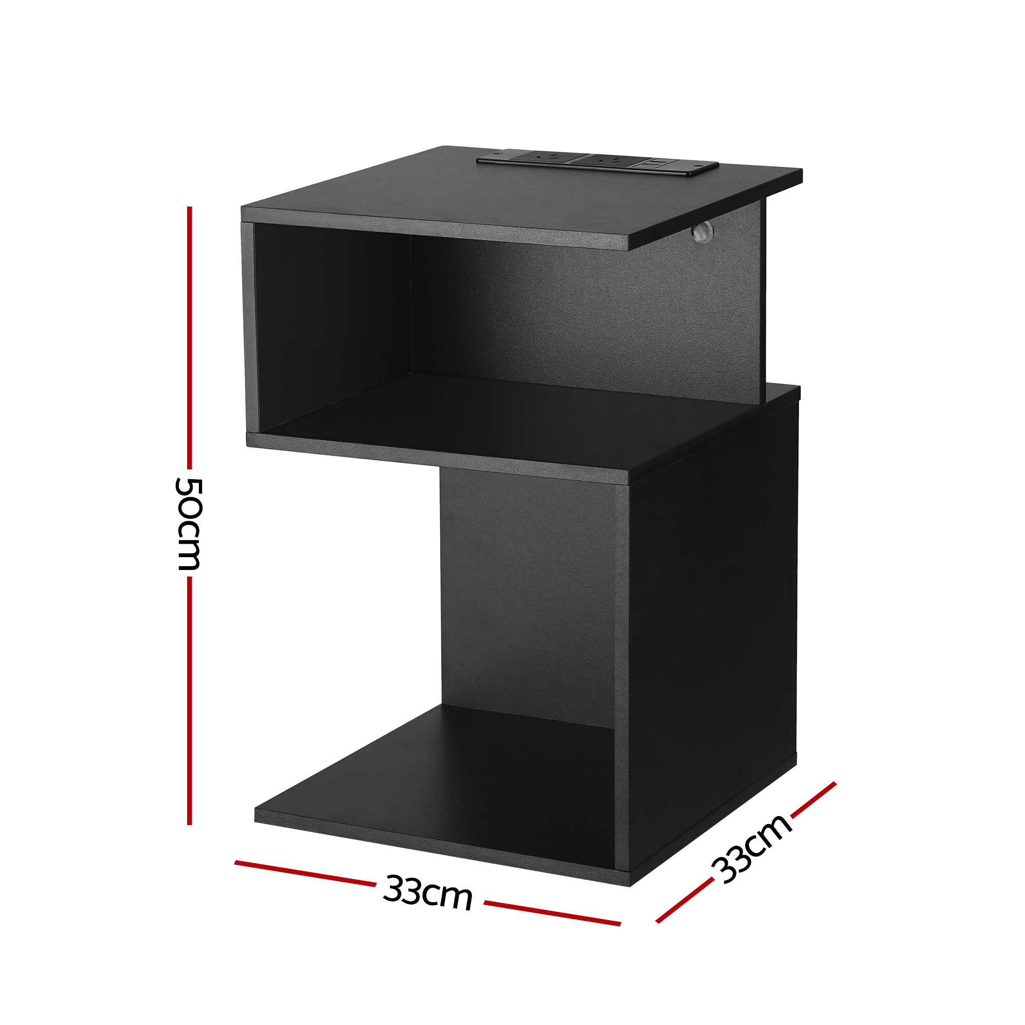 Artiss S-Shaped Bedside Table with Charging Station, Black view 2