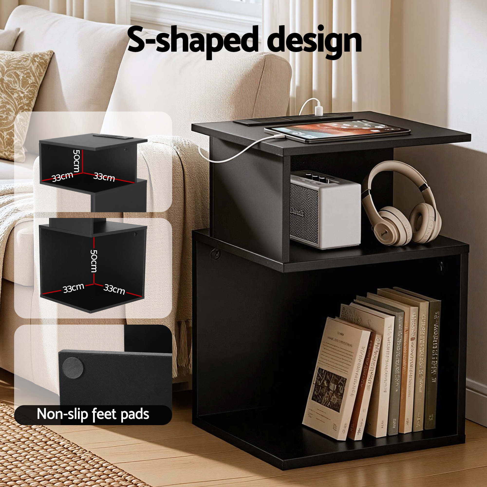 Artiss S-Shaped Bedside Table with Charging Station, Black view 4