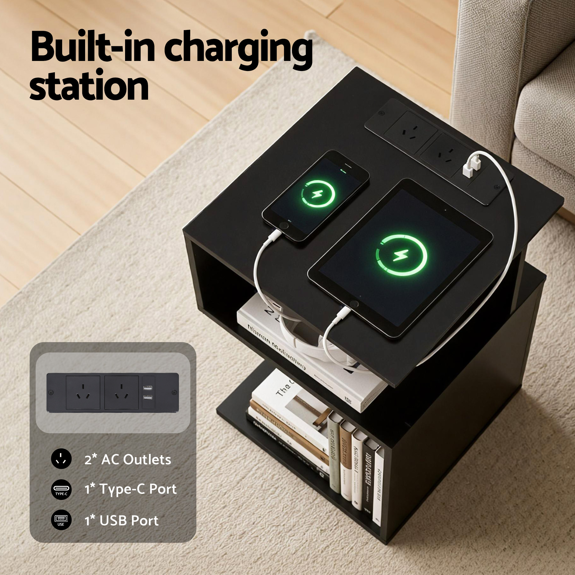 Artiss S-Shaped Bedside Table with Charging Station, Black view 5