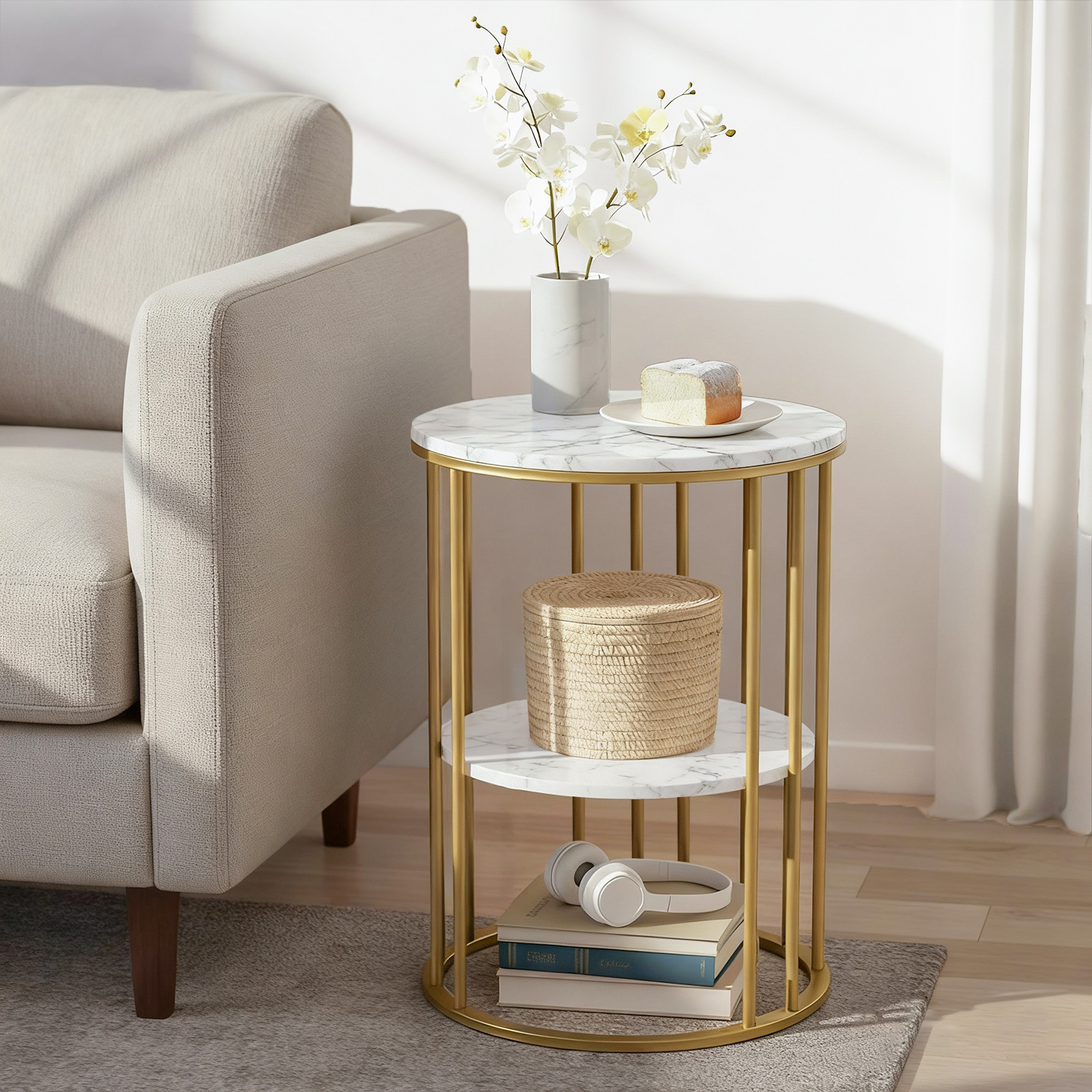 Artiss Round Coffee Table Marble Effect in 2 Colours