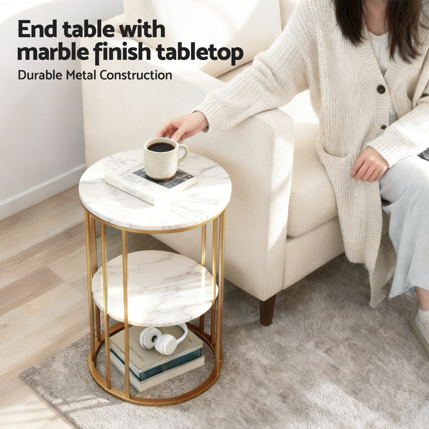 Artiss Round Coffee Table Marble Effect in 2 Colours view 4