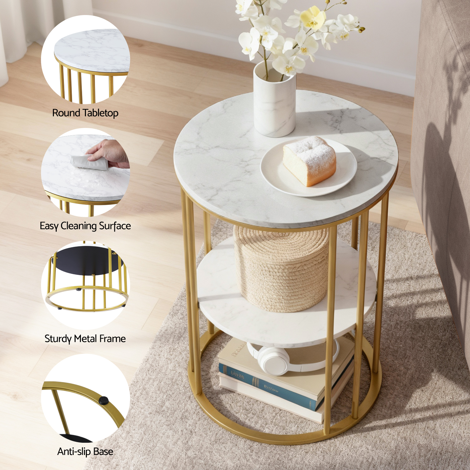 Artiss Round Coffee Table Marble Effect in 2 Colours view 5