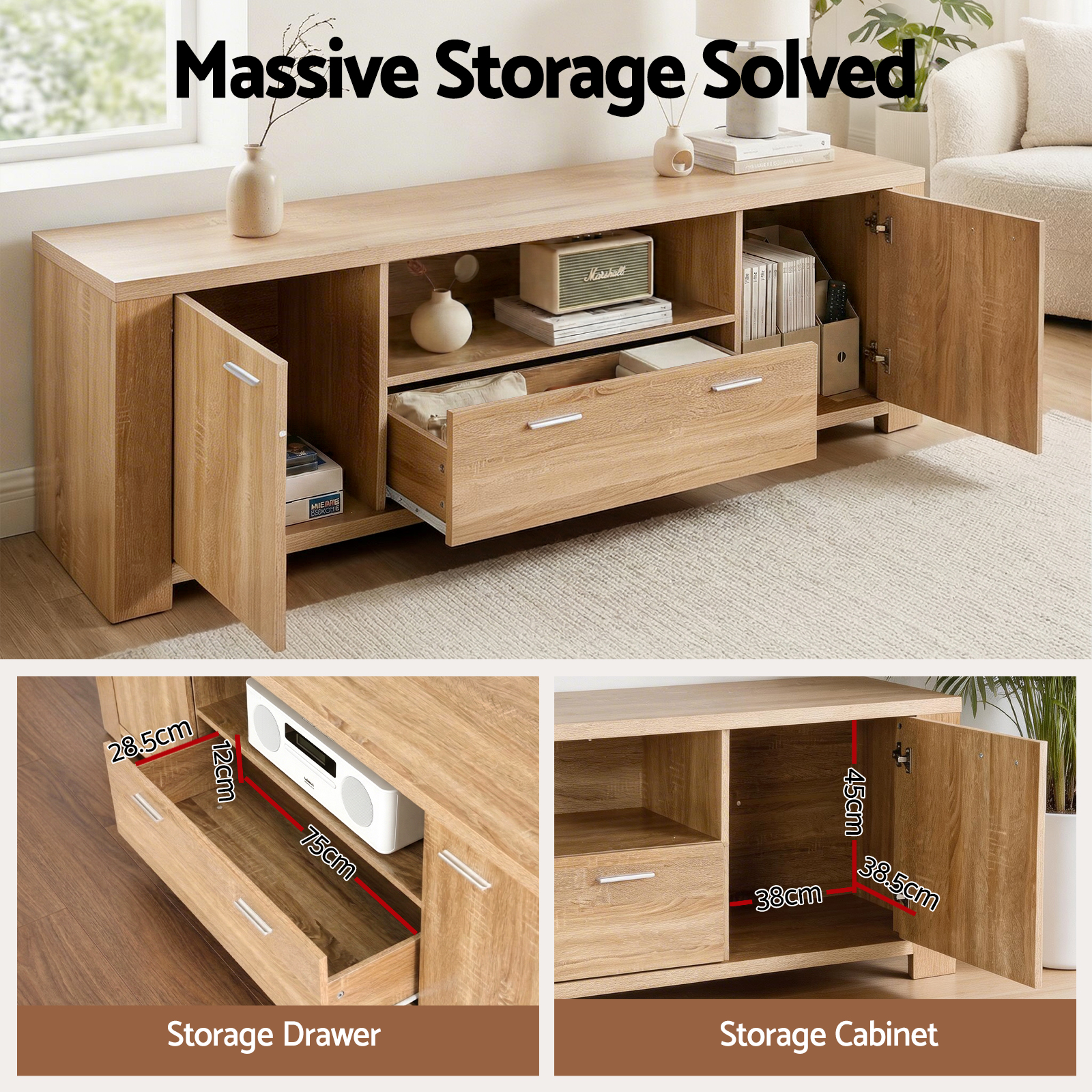 Artiss 180cm Pine TV Unit with Storage Drawers view 5