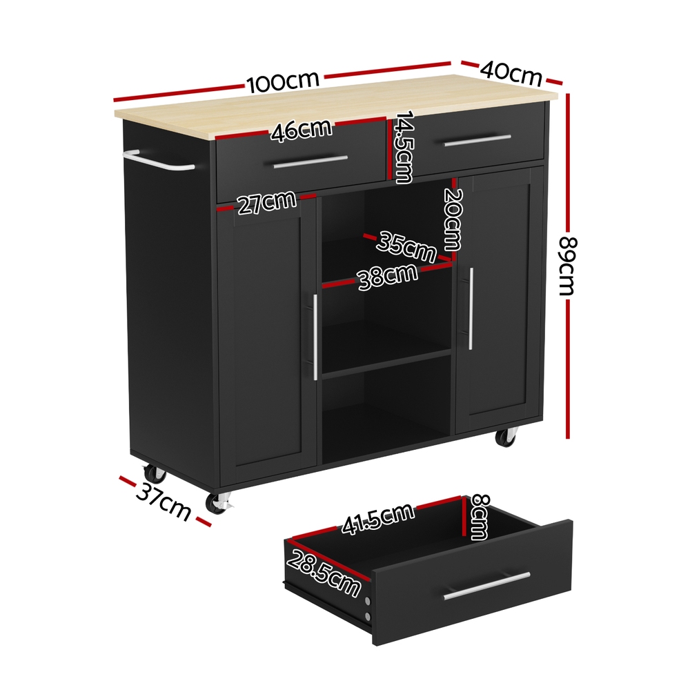 Artiss Kitchen Island Trolley with Drawer and Cabinet Black view 3