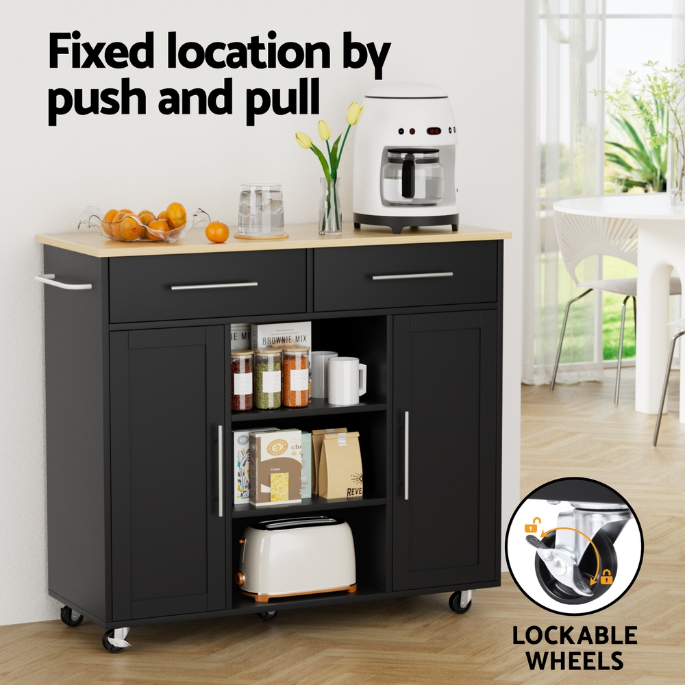 Artiss Kitchen Island Trolley with Drawer and Cabinet Black view 5