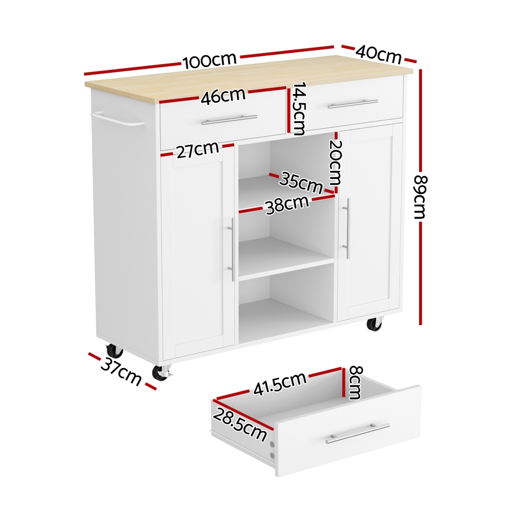 Artiss Kitchen Island Trolley Cart 100cm Drawers Cabinet White view 3