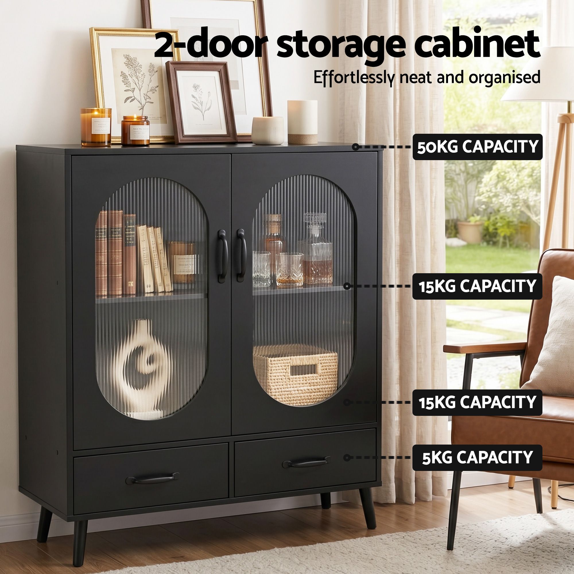 Artiss Lency Buffet Sideboard, Double Doors Black view 5