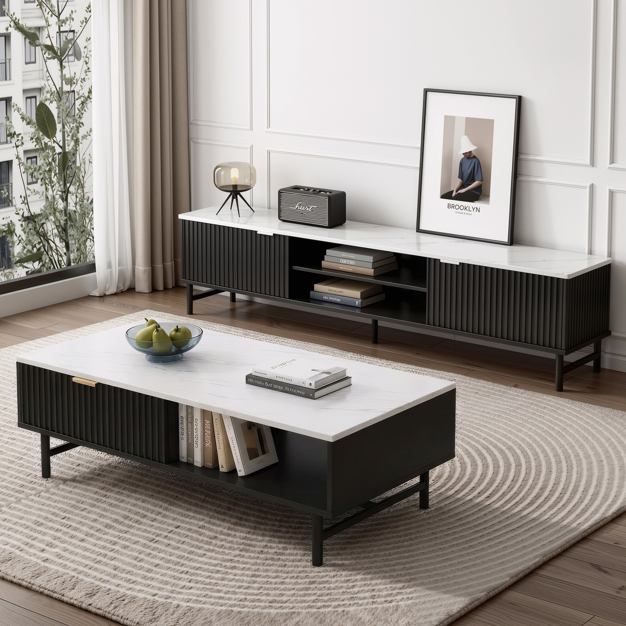 Artiss TV Unit and Coffee Table Set Storage Shelf Black