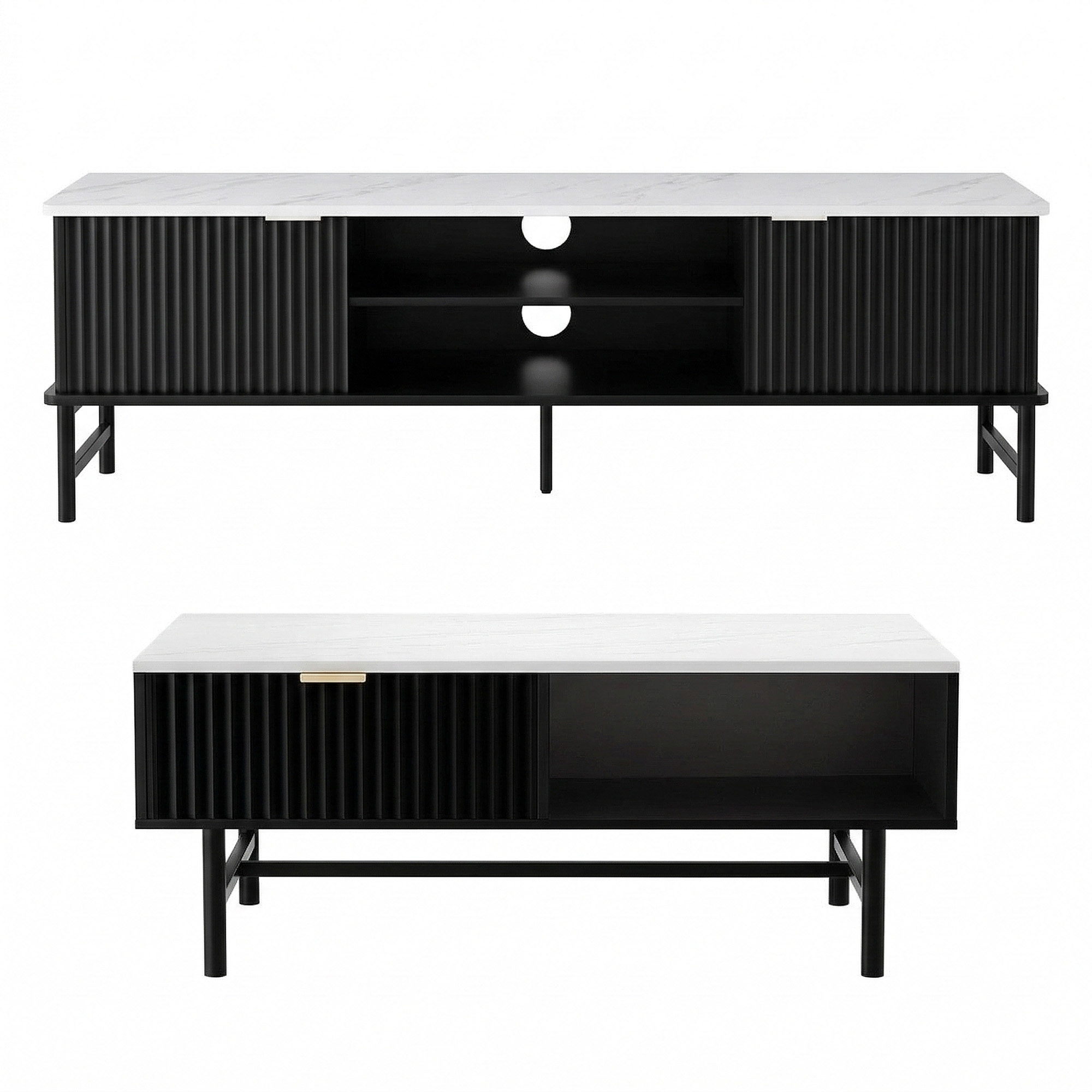 Artiss TV Unit and Coffee Table Set Storage Shelf Black view 4