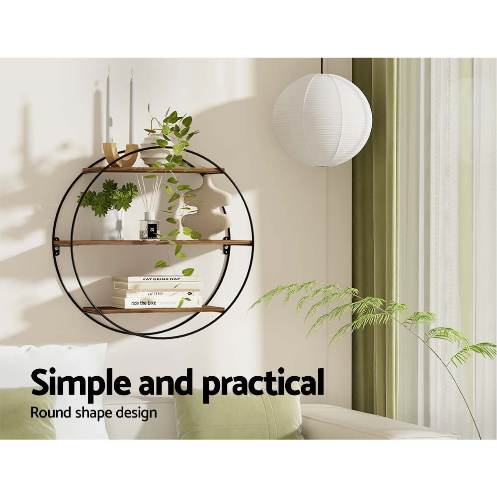 Artiss Floating Wall Shelf Round 3-Tier Solid Wood view 5