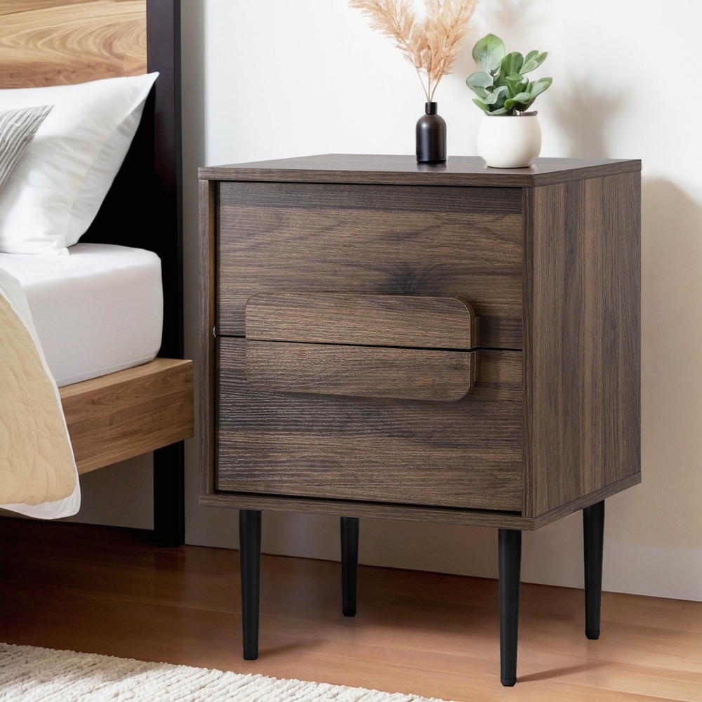 Artiss Walnut Bedside Table Nightstand, 2 Drawers