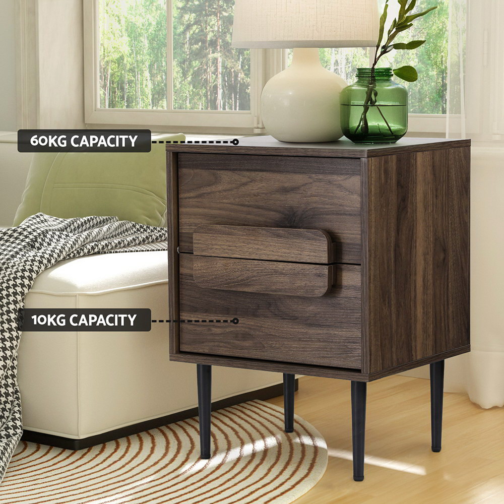 Artiss Walnut Bedside Table Nightstand, 2 Drawers view 5