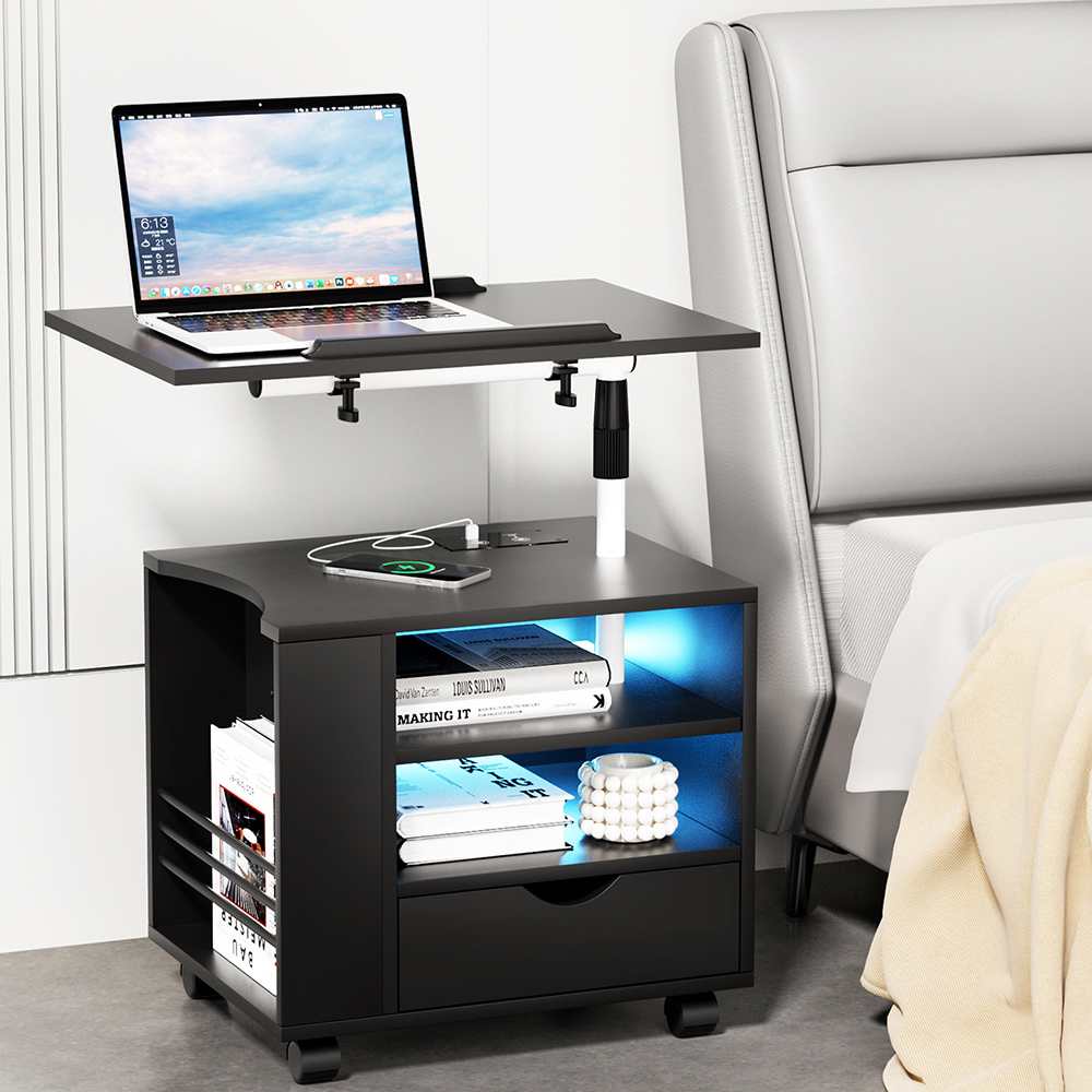 Artiss Tala Bedside Table LED Laptop Tray USB Charging