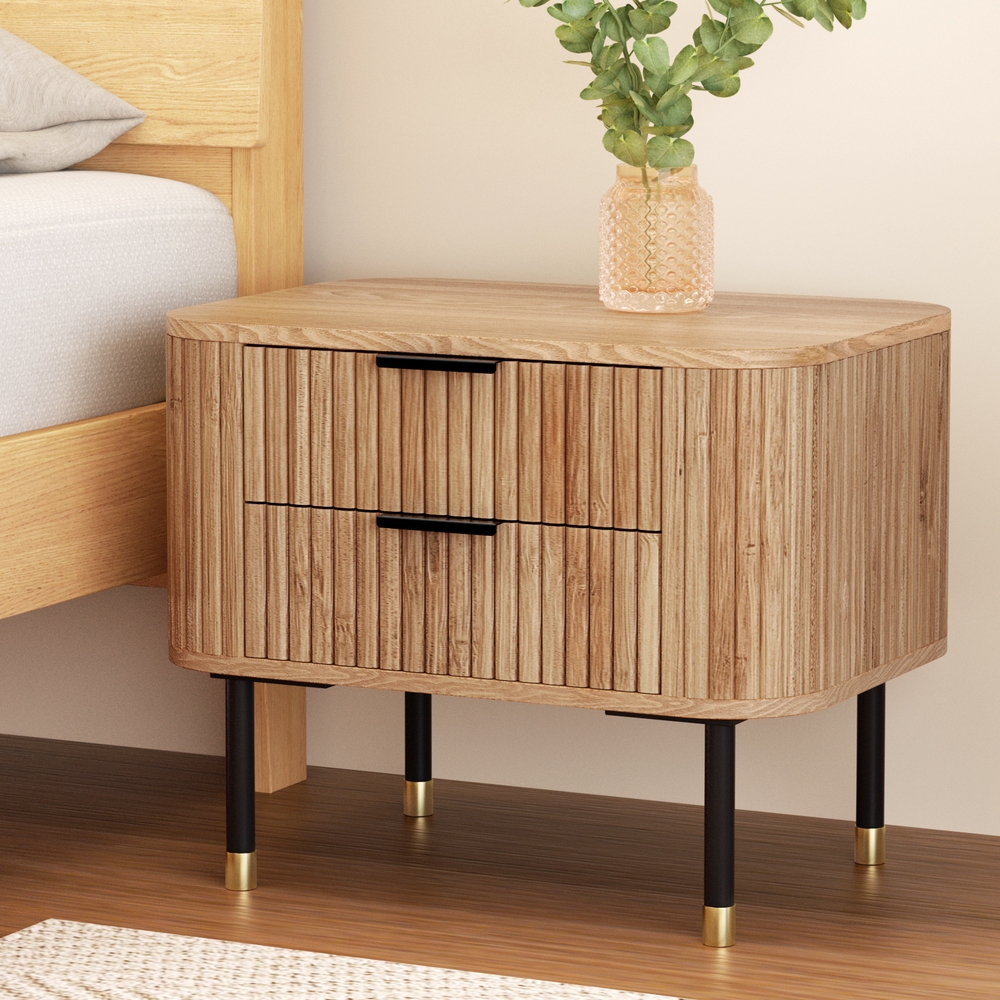 Artiss Paulownia Wood Bedside Table, 2 Drawers, Pine