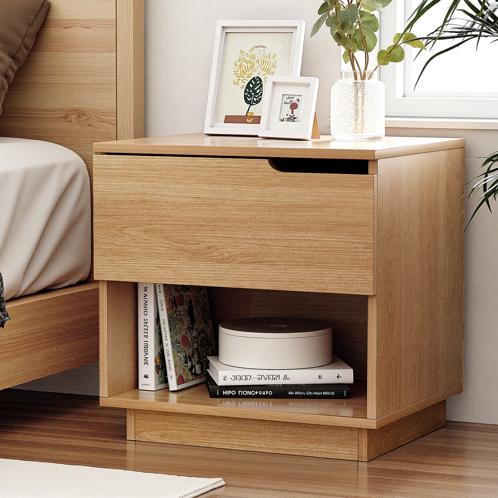 Artiss Pine Bedside Table with Drawer and Shelf
