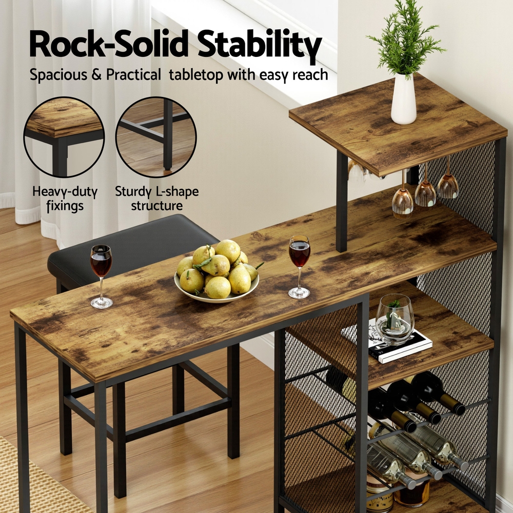 Artiss Industrial Bar Table Wine Rack Multi-Level Storage Walnut view 5