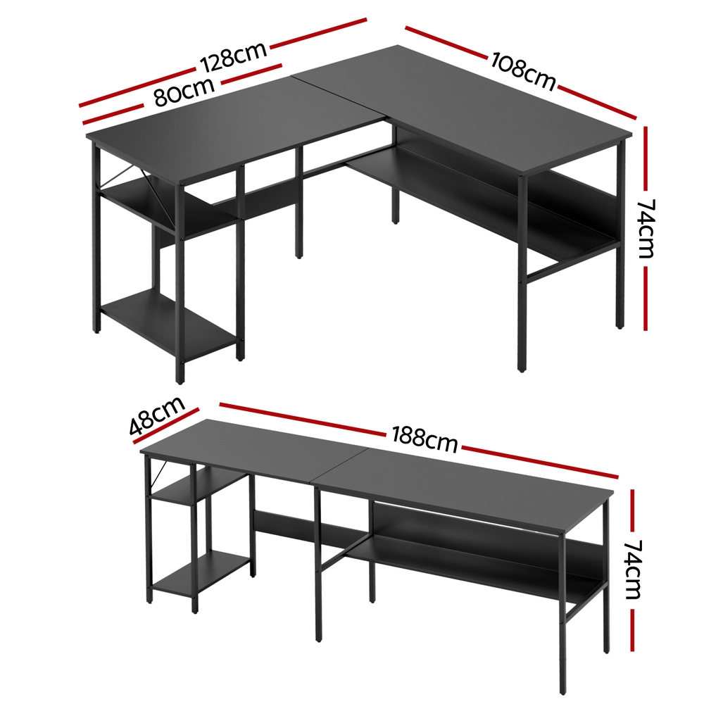 Artiss L-Shape Computer Desk with Open Shelf Black view 2