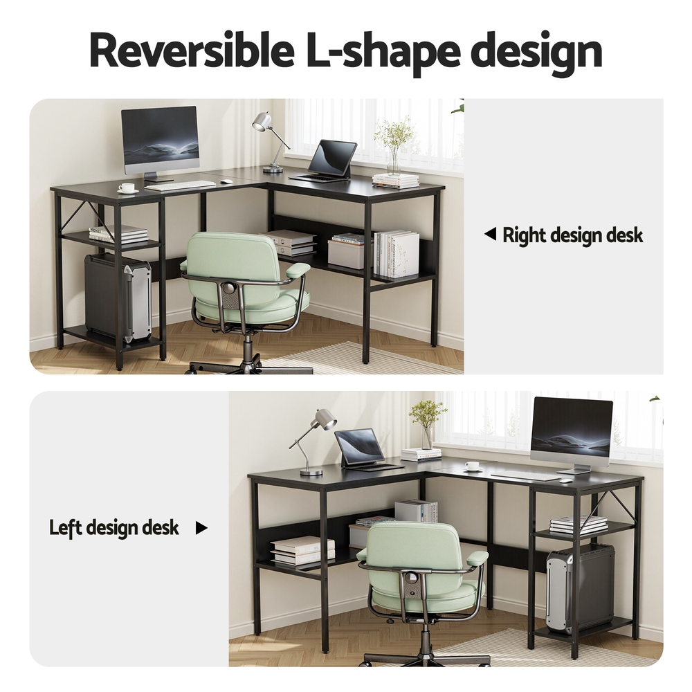 Artiss L-Shape Computer Desk with Open Shelf Black view 4