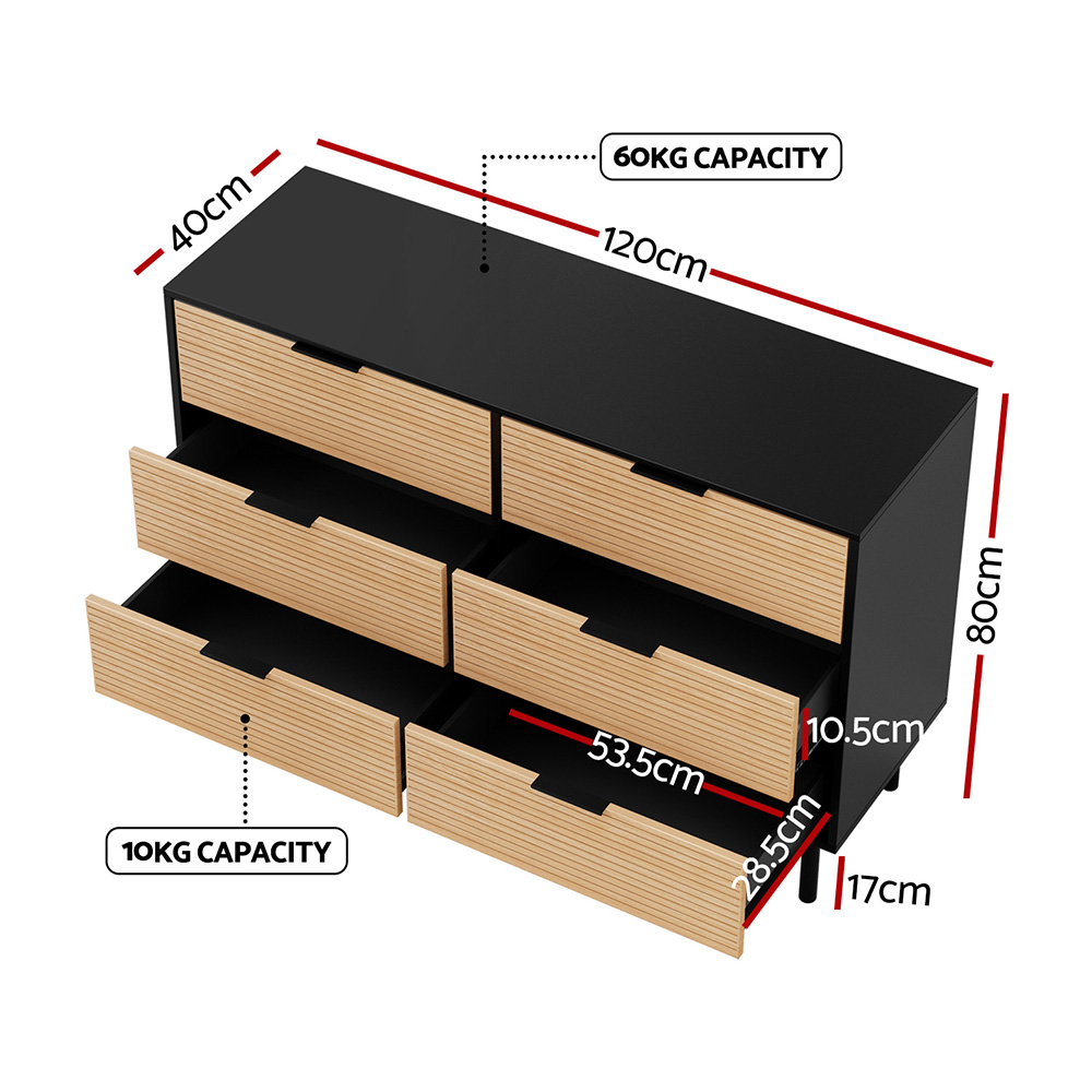 Artiss 6 Chest of Drawers Fluted Dresser, Black and Pine view 3