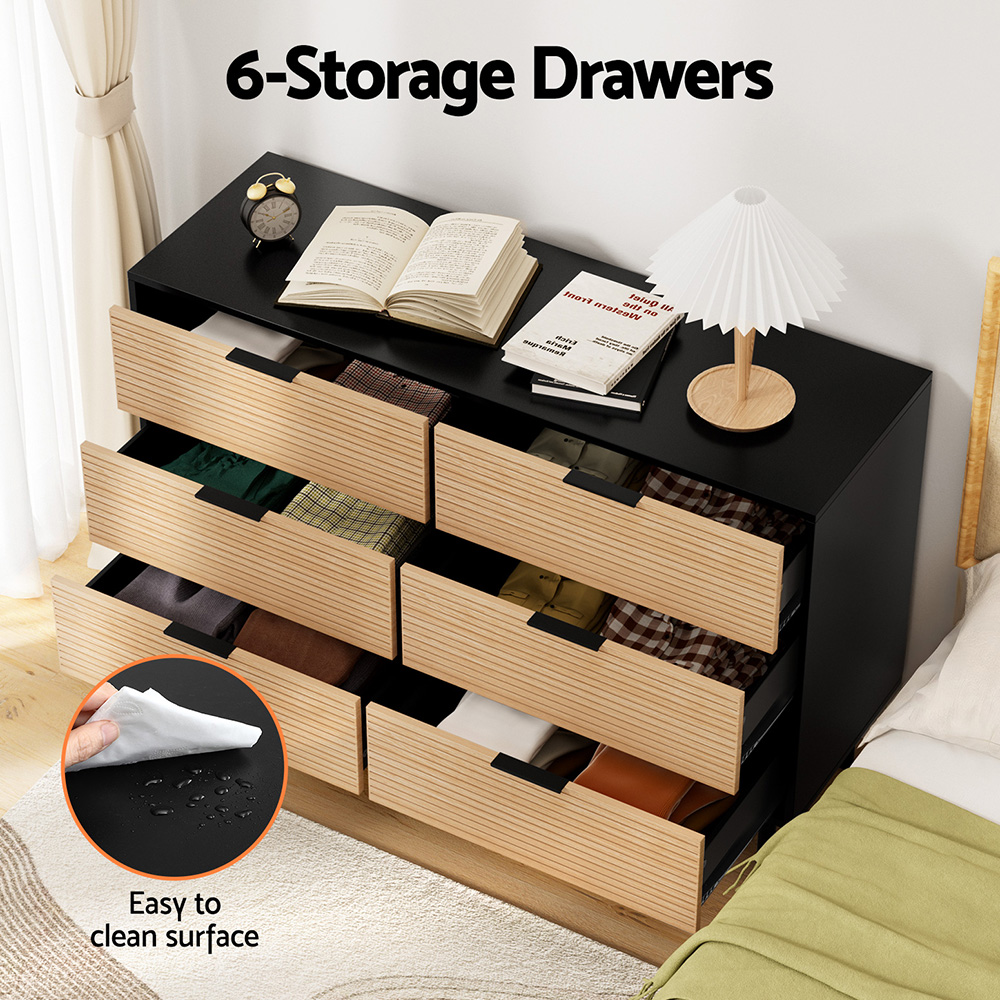 Artiss 6 Chest of Drawers Fluted Dresser, Black and Pine view 5