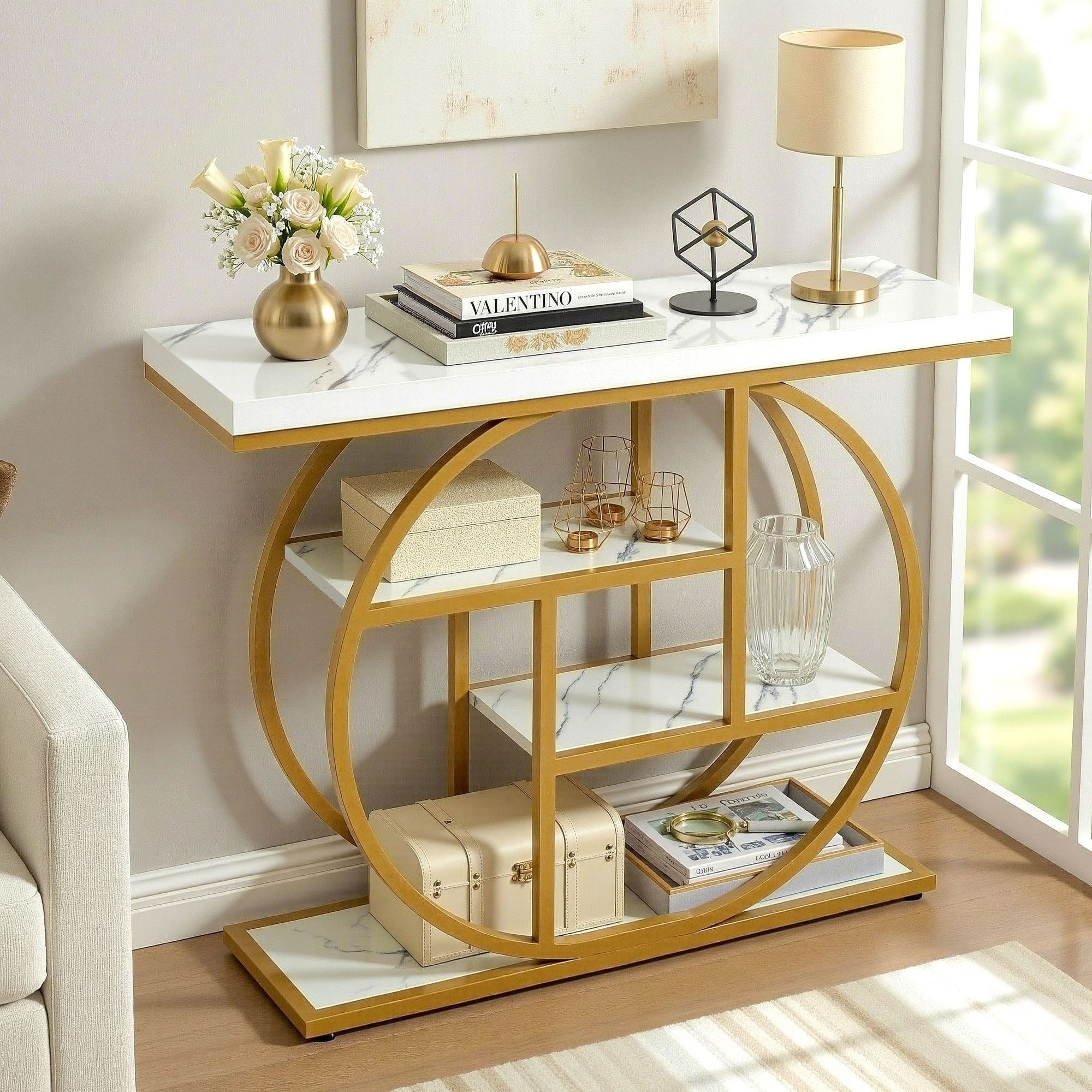 Artiss White Gold 4-Tier Marble Effect Console Table