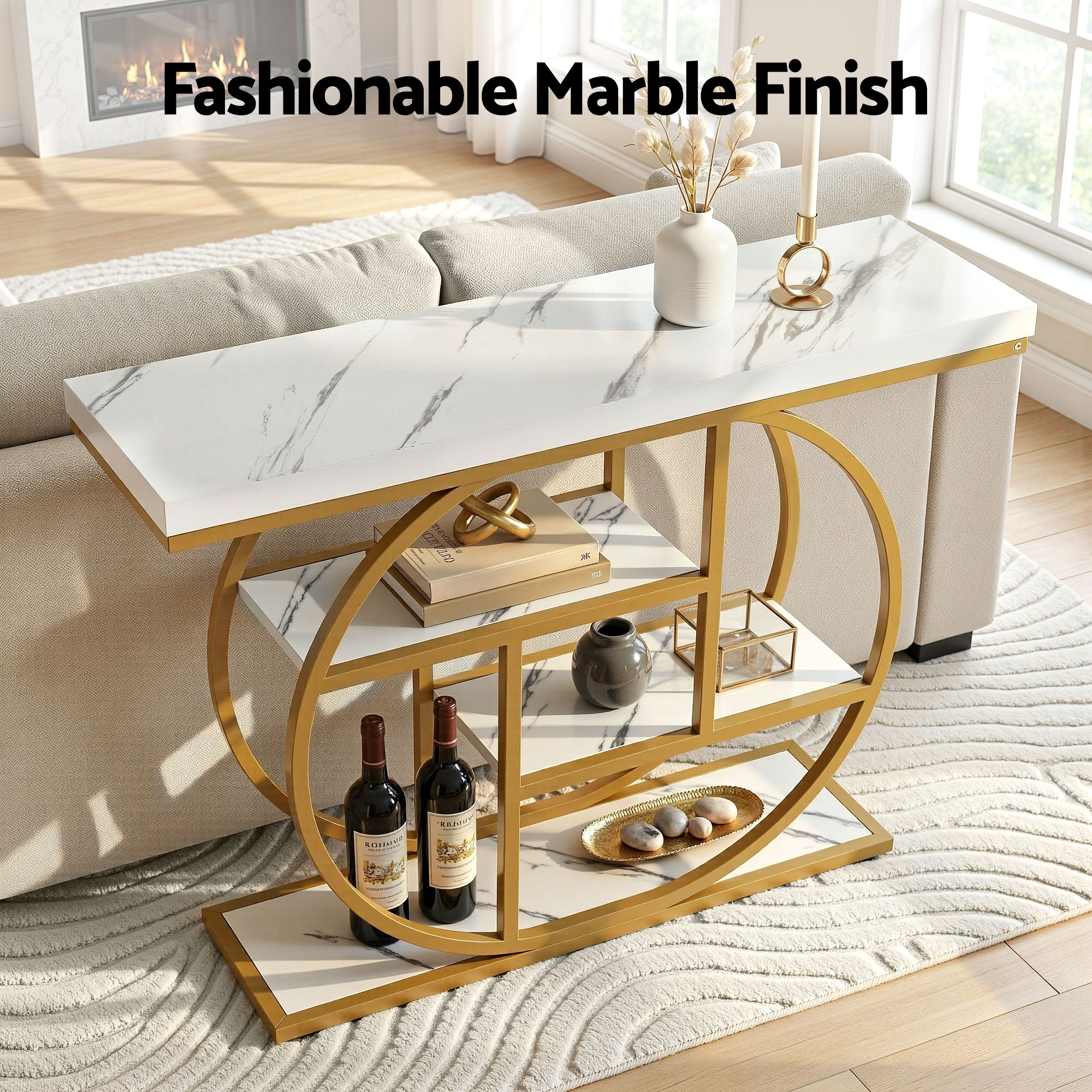 Artiss White Gold 4-Tier Marble Effect Console Table view 5