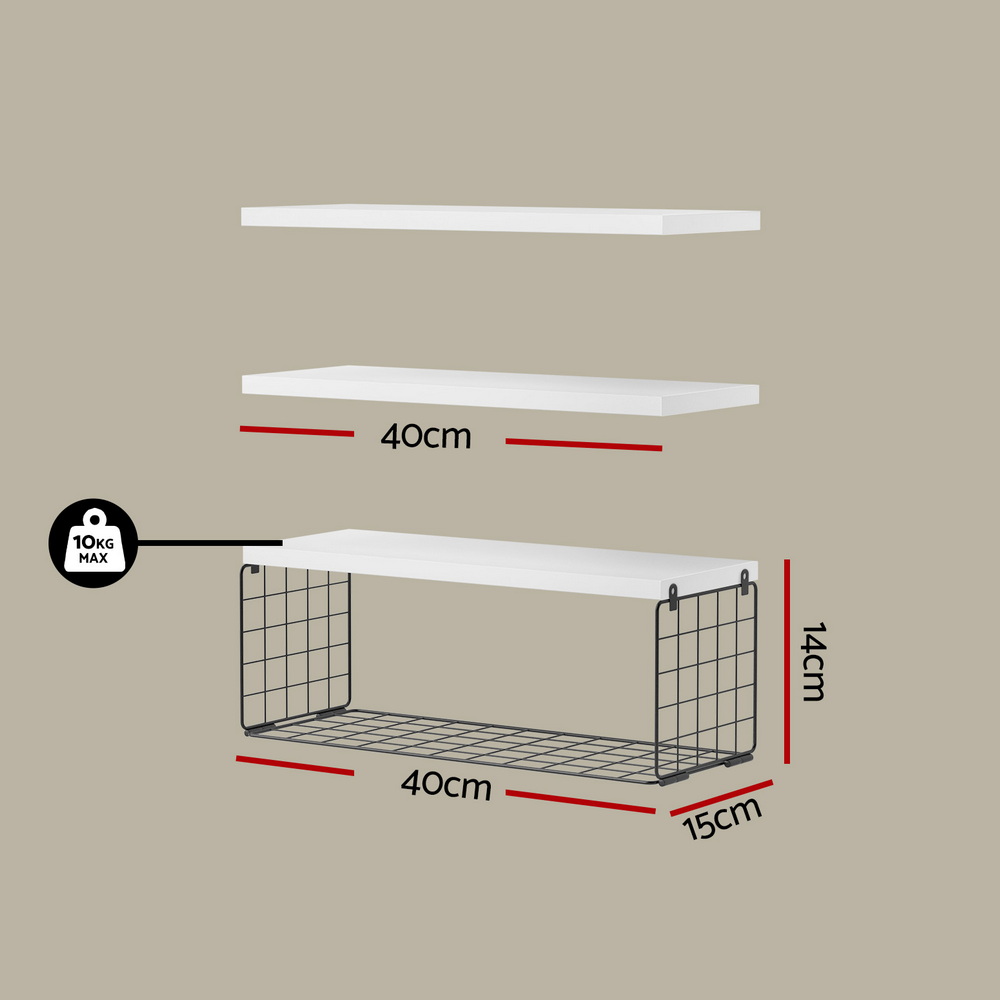 Artiss Floating Wall Shelf Set of 3 Storage Basket White view 2