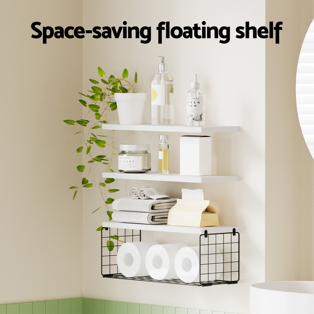 Artiss Floating Wall Shelf Set of 3 Storage Basket White view 4