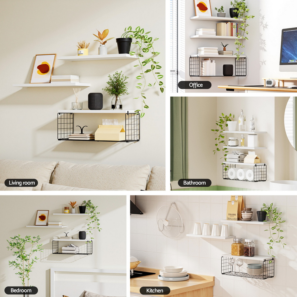 Artiss Floating Wall Shelf Set of 3 Storage Basket White view 5
