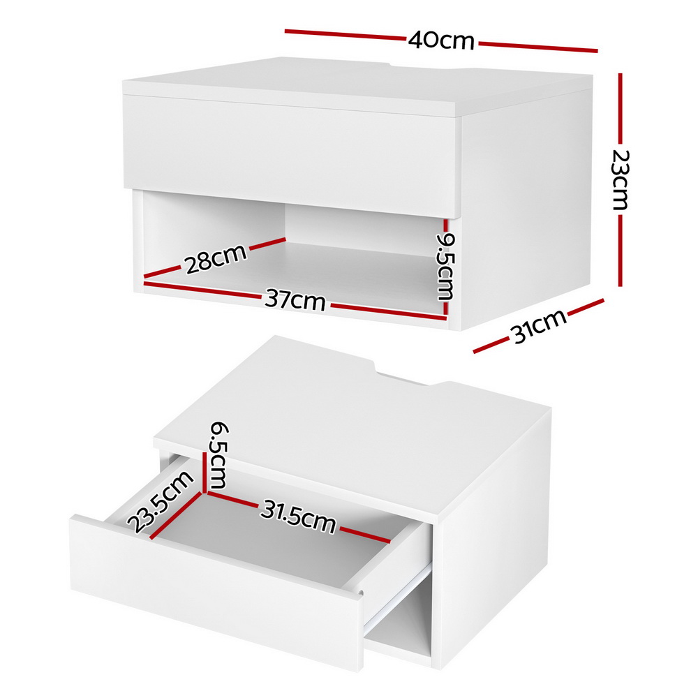 Artiss Floating Bedside Table Nightstand, White view 2