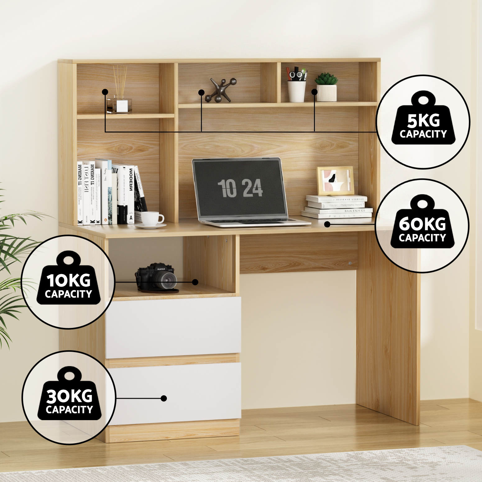 Artiss Computer Desk with Bookshelf and Sliding Drawer view 5