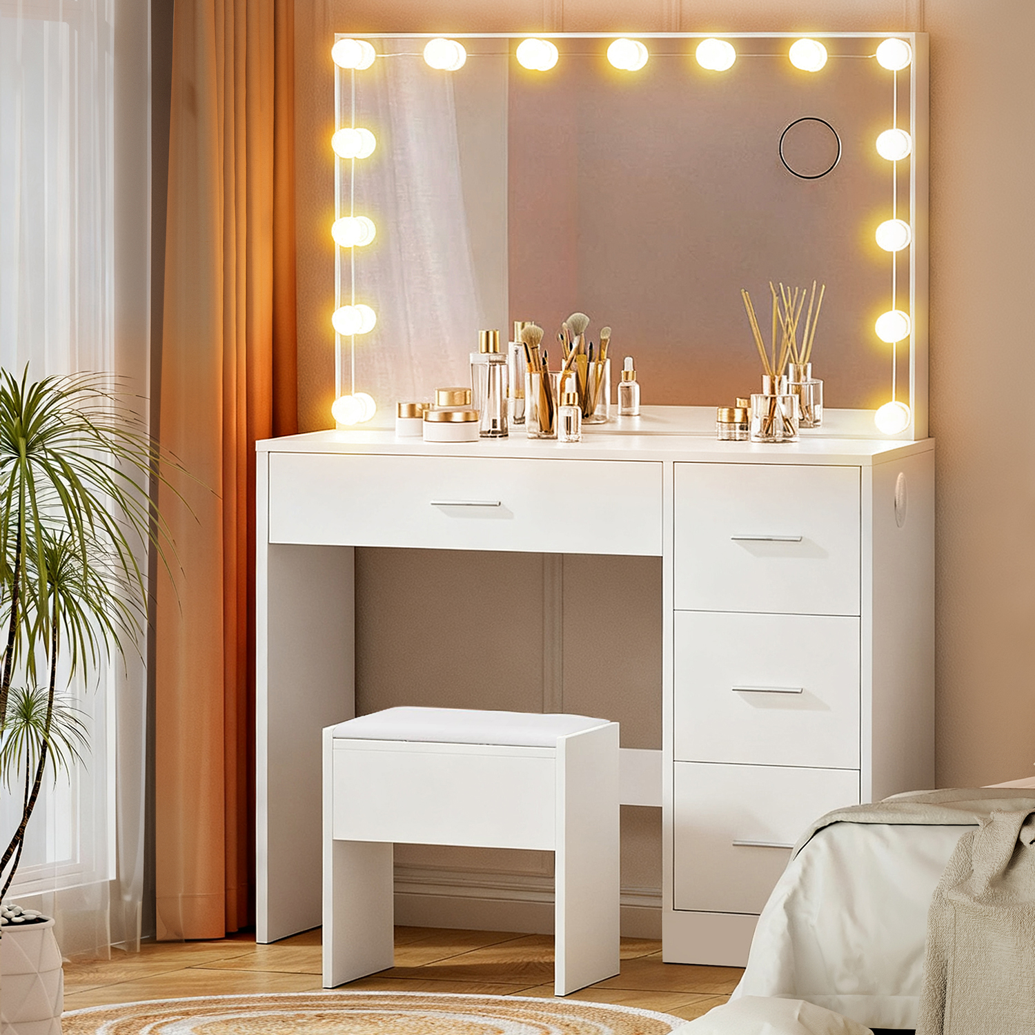 Artiss Darcy Dressing Table Set with Stool, 15 LED Bulbs, White