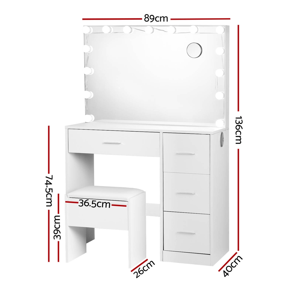 Artiss Darcy Dressing Table Set with Stool, 15 LED Bulbs, White view 3