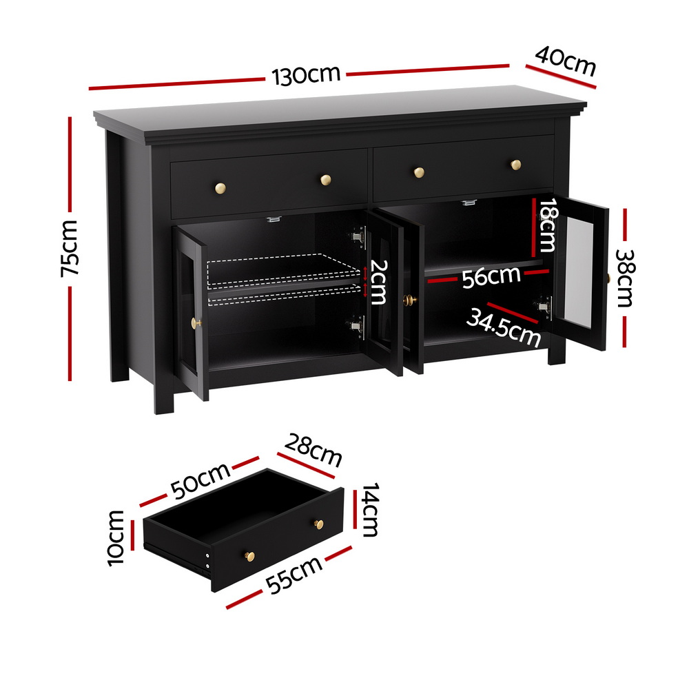 Artiss 130cm Buffet Sideboard with Glass Doors Black view 3