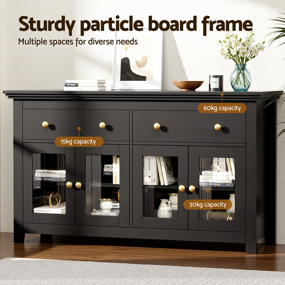 Artiss 130cm Buffet Sideboard with Glass Doors Black view 5